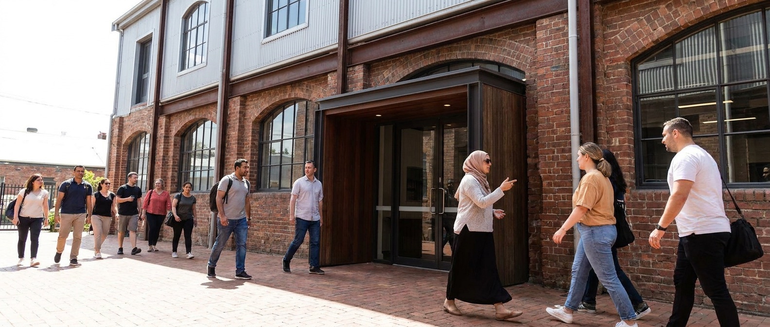 The YAT College Cremorne campus — a red-brick warehouse-conversion building, with adult students walking toward the main entrance.
