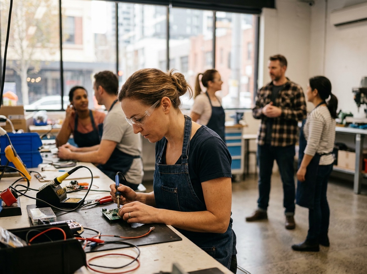 An adult learner soldering a circuit board in a hands-on YAT training workshop, classmates working alongside.