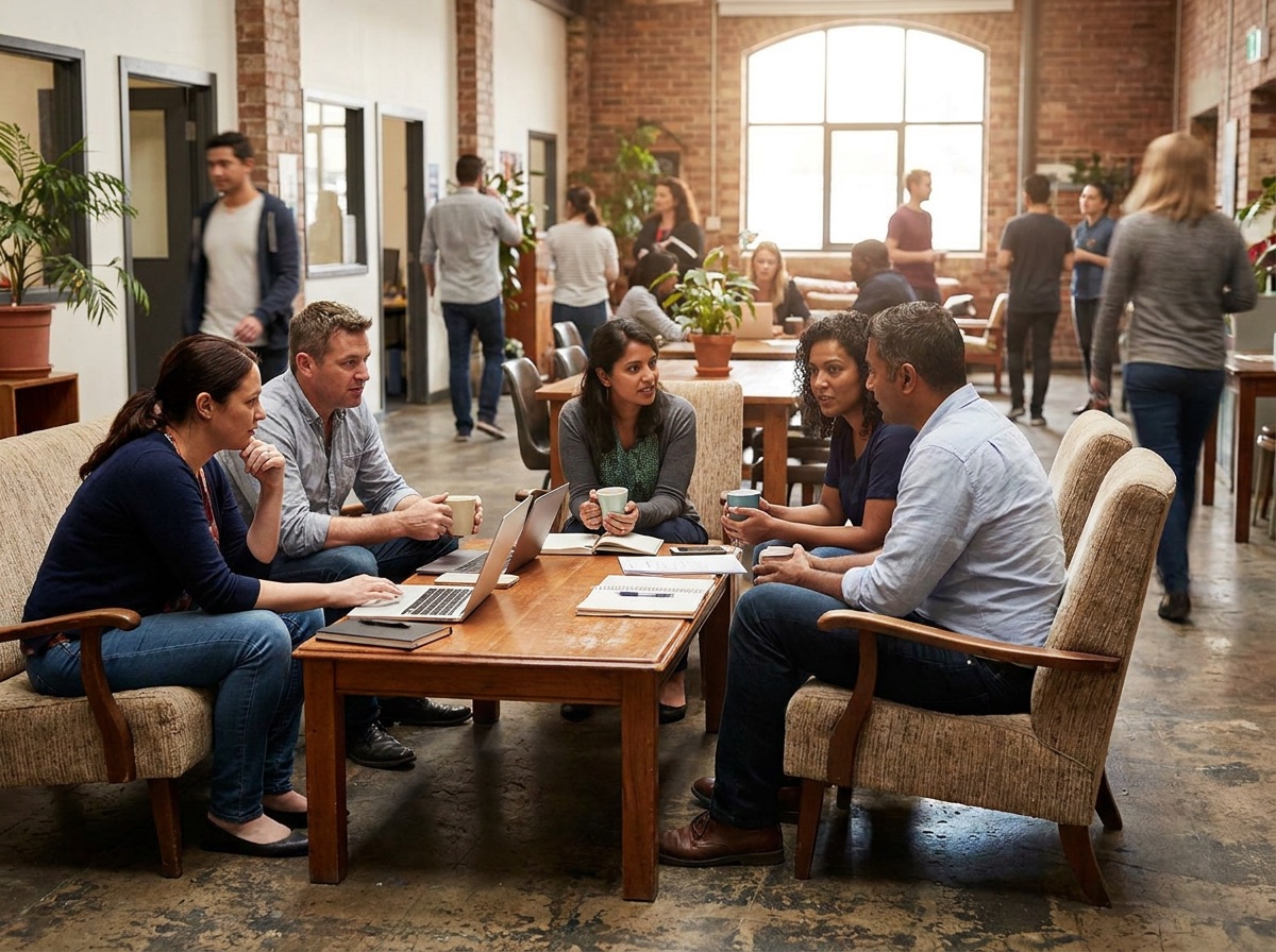 Adult learners working together in an informal campus break-out space.