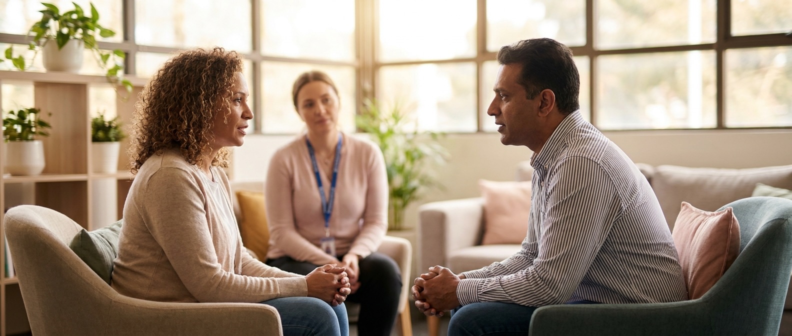 Community-services student practicing in a simulated client-services environment — empathetic interaction, professional but warm setting. Visibly adult learners, diverse cohort.