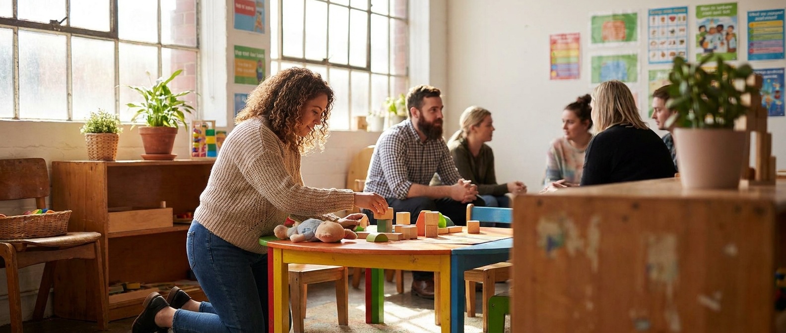 Early-childhood-education student in a simulated classroom space, engaging with educational materials. Should look like supervised teaching practice, not a real school.