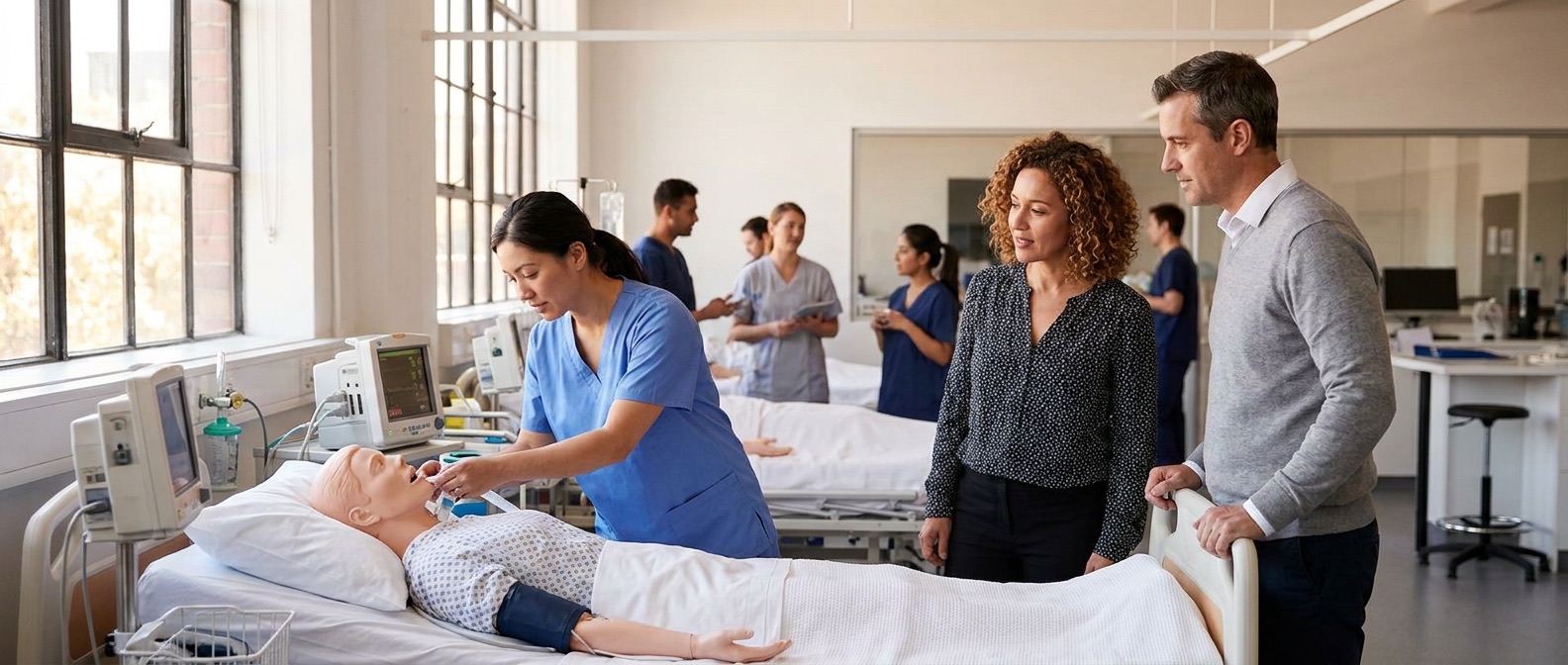 Health-services student in a simulated clinical environment at YAT — patient mannequin, vital-signs equipment, learner in scrubs practicing procedure. Clean, well-lit, professional.