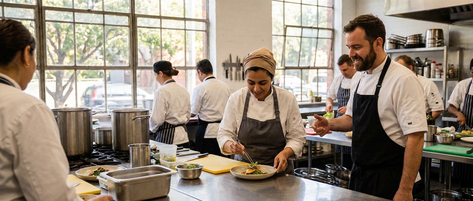 Commercial kitchen at YAT — adult chef-in-training plating a dish, instructor adjacent, stainless-steel benches, warm lighting. Reads as a working teaching kitchen.