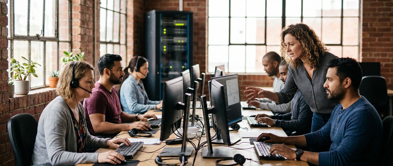 IT lab at YAT — adult learners at workstations with multiple monitors, server-rack visible in background. Hands-on, technical, contemporary. Cohort visibly skewed towards 25–40 age range.